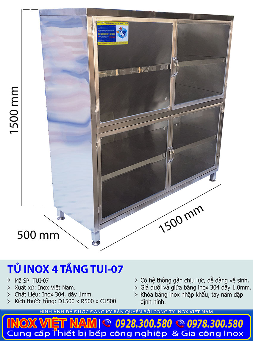 Kích thước tổng thể của tủ đựng chén bát 4 tầng, tủ inox 4 tầng có kính TUI-07 snr xuất Bếp Inox Việt Nam.