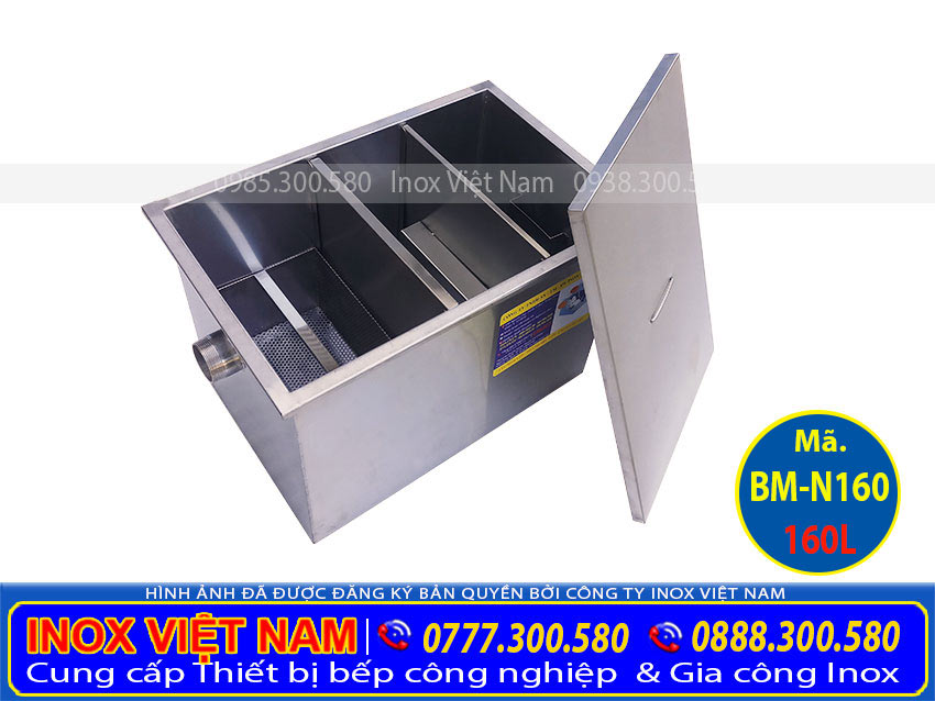 ẫy mỡ inox nhà hàng, Bể tách mỡ nhà hàng, Bể tách mỡ inox công nghiệp, Báo giá bể tách mỡ 160 lít.