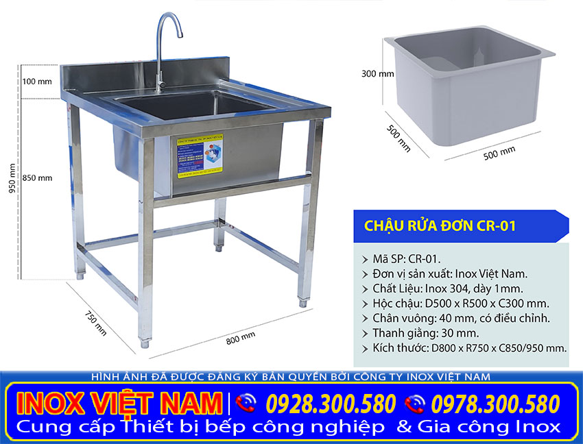 Chậu rửa công nghiệp, chậu rửa đơn inox cánh trái công nghiệp inox cao cấp, sang trọng.