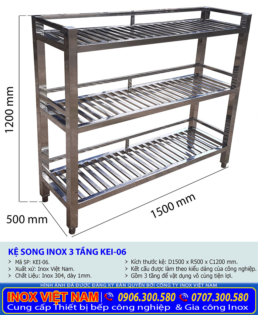 Kích thước của kệ bếp inox 3 tầng kệ song KEI-06