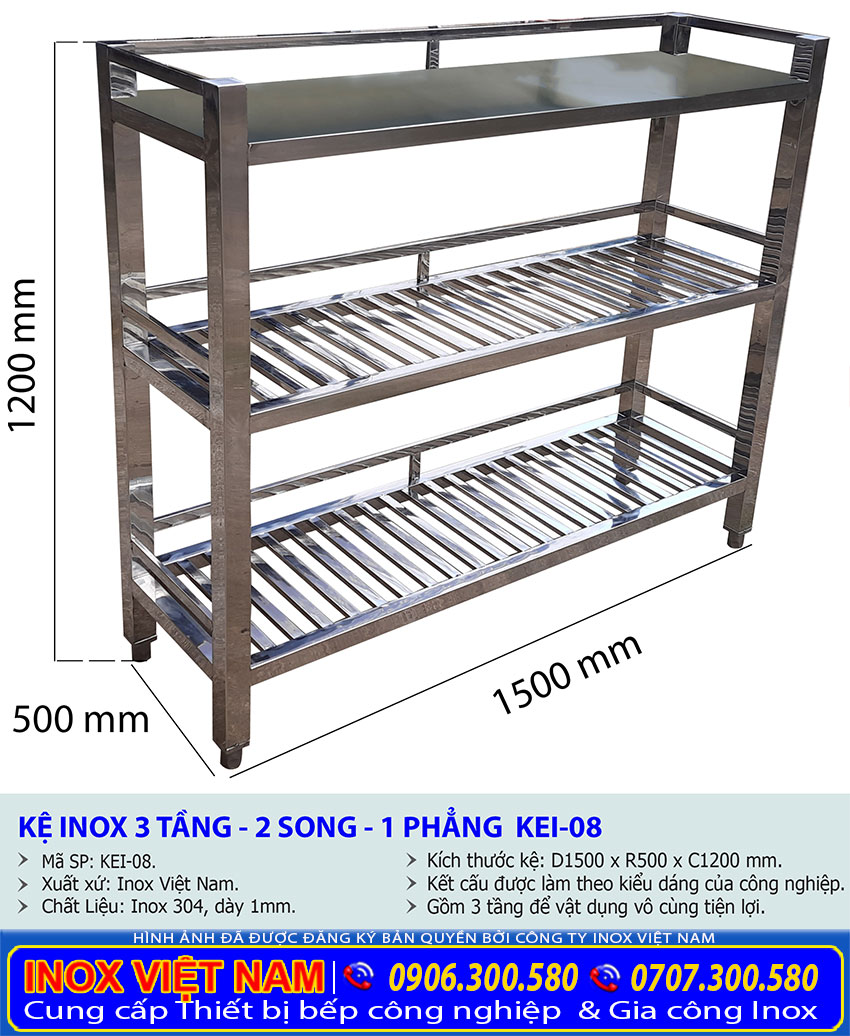 Kích thước về kệ nhà bếp inox 3 tầng 2 song và 1 phẳng KEI-08