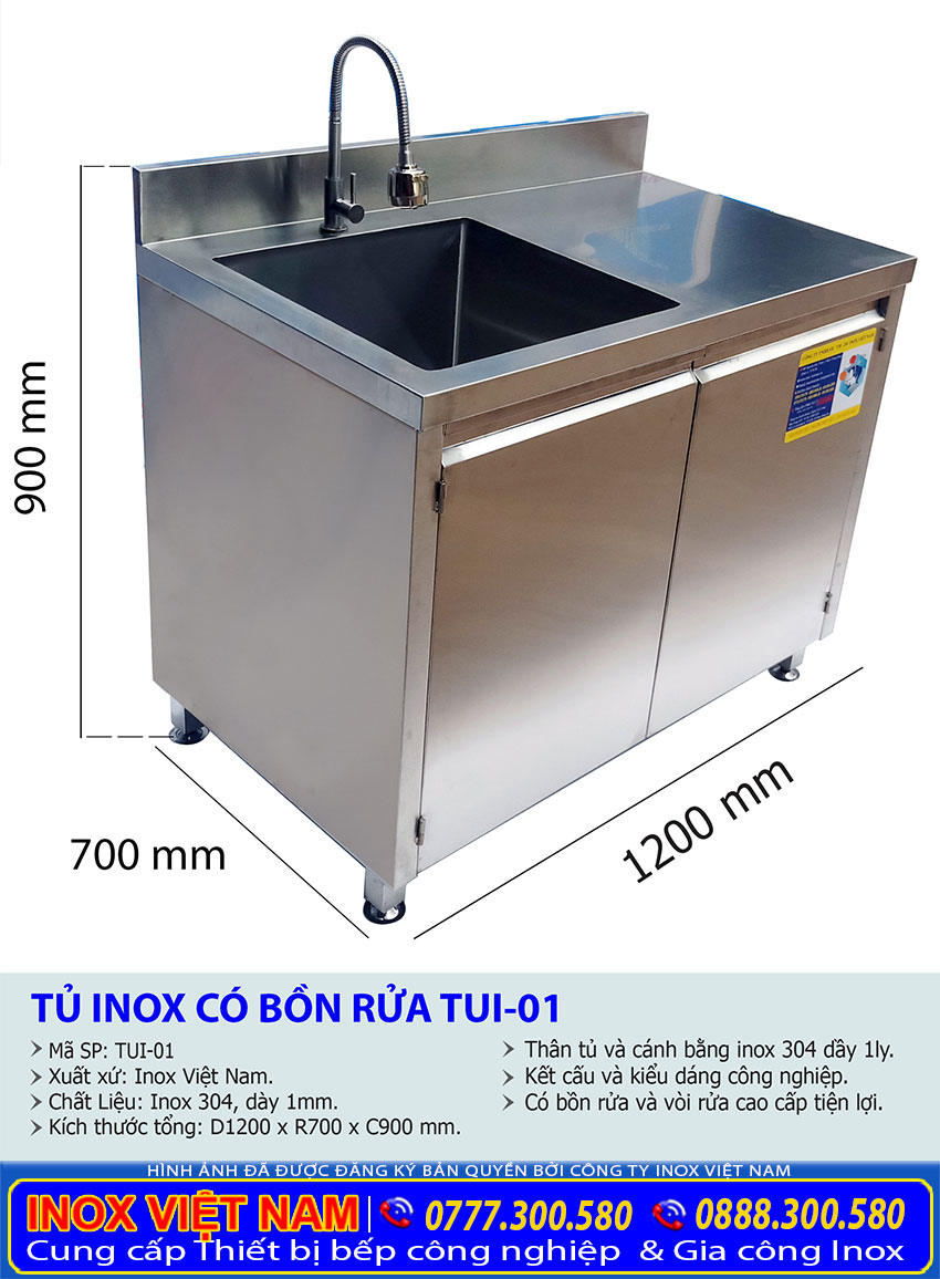 Kích thước tổng thể của tủ bếp inox kèm bồn rửa cao cấp TUI-01.