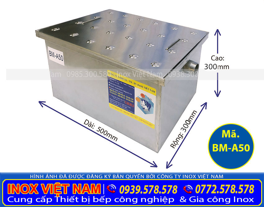 Kích thước Bể tách mỡ nhà hàng, Bể tách mỡ inox công nghiệp, Báo giá bể tách mỡ 120 lít.