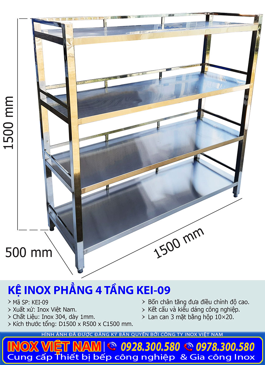 Kích thước về kệ úp chén, ly inox , kệ bếp inox 4 tầng KEI-09 sản xuất Bếp Inox Việt Cường Thịnh.