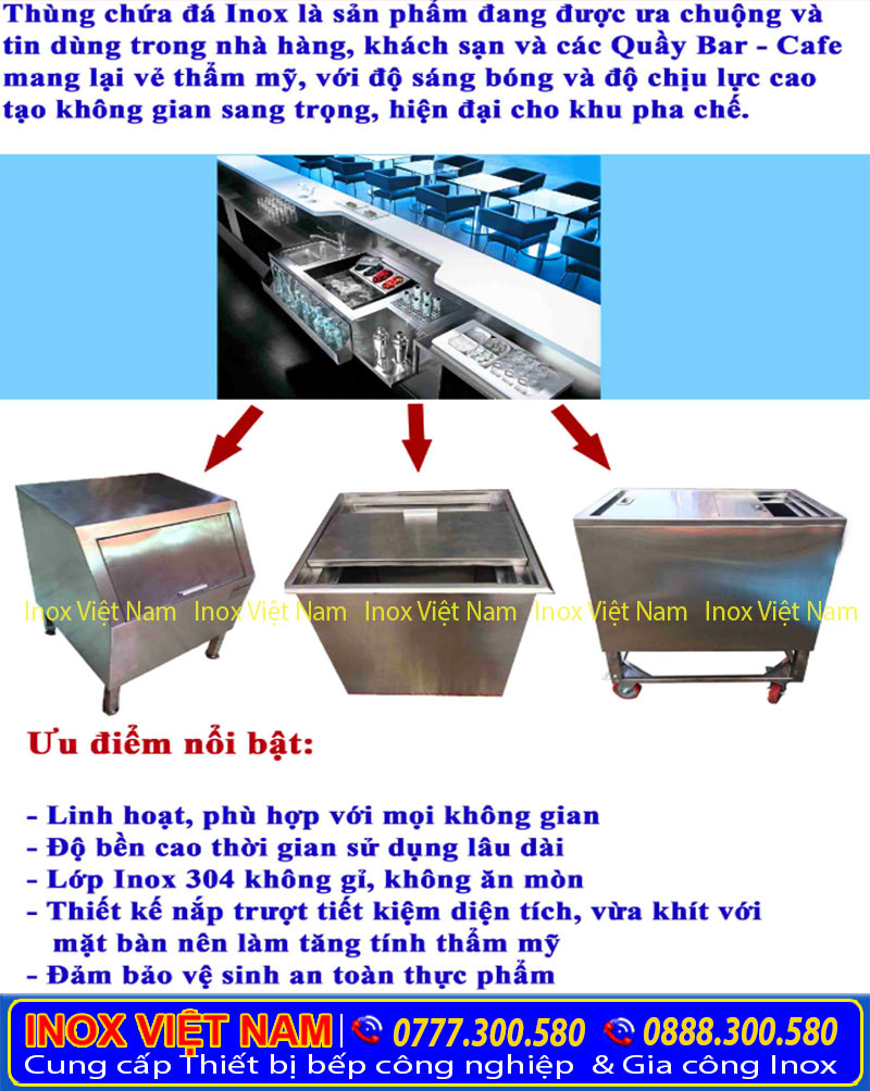 Thùng chứa đá quầy bar, Thùng giữ đá lạnh, Thùng chứa đá inox, Thùng đá inox, Địa chỉ bán thùng đá inox chất lượng cao.