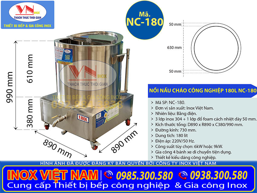 Thông số kỹ thuật nồi nấu cháo bằng điện 180L NC-180