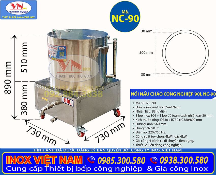 Thông số kỹ thuật nồi nấu cháo bằng điện 90L NC-90