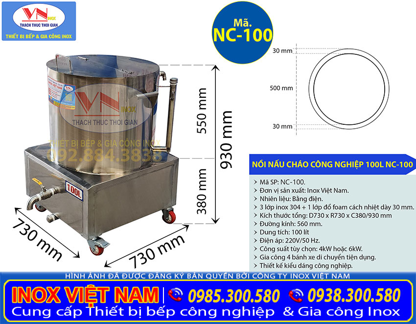 Thông số kỹ thuật nồi nấu cháo bằng điện 100L NC-100