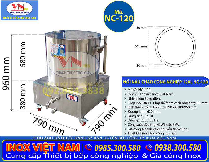 Thông số kỹ thuật nồi nấu cháo bằng điện 120L NC-120