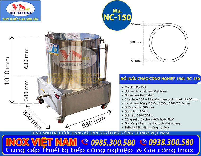 Thông số kỹ thuật nồi nấu cháo bằng điện 150L NC-150