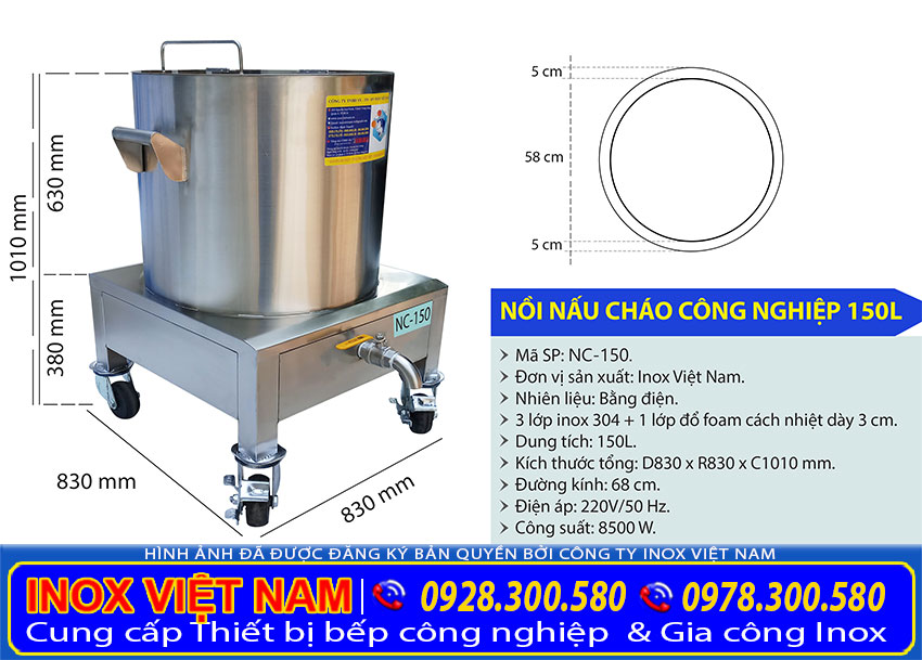Kích thước tổng thể của nồi nấu phở bằng điện 150 lít sản xuất Bếp Inox Việt Nam.