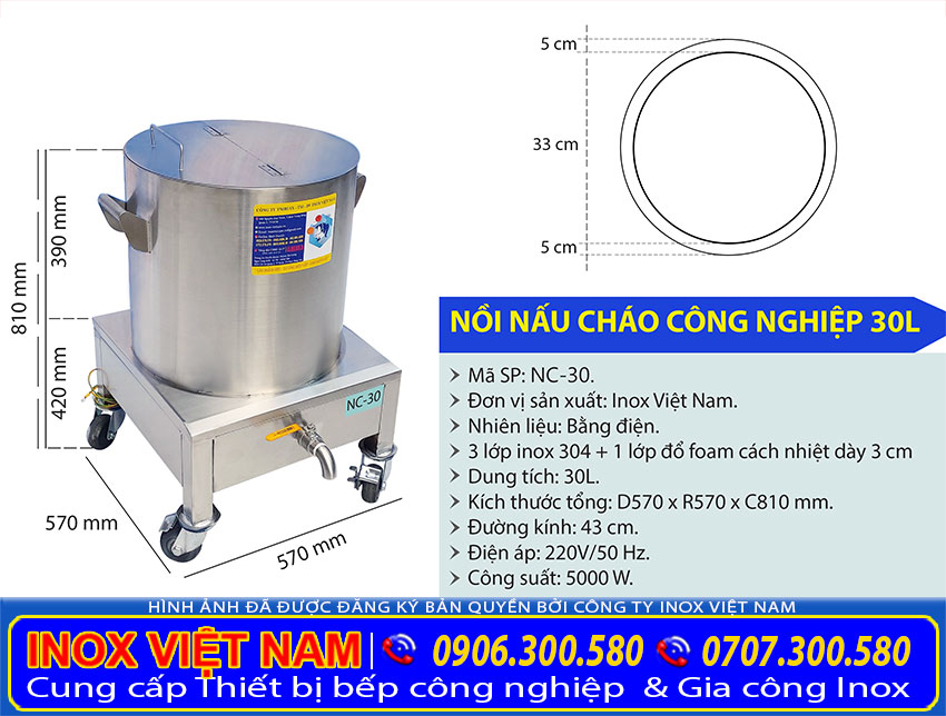 Kích thước tổng thể của nồi nấu phở bằng điện 30 lít sản xuất Bếp Inox Việt Nam.