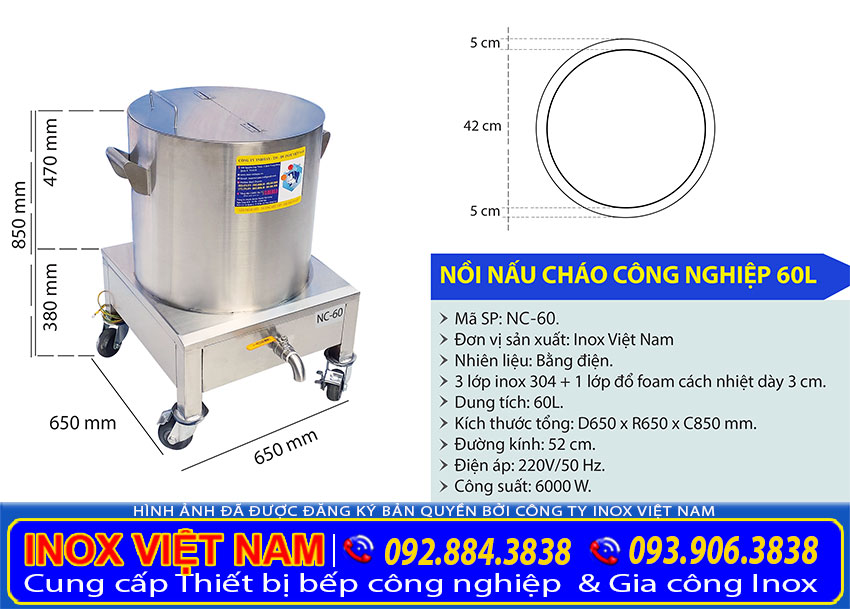 Kích thước tổng thể của nồi nấu phở bằng điện 60 lít sản xuất Bếp Inox Việt Nam.