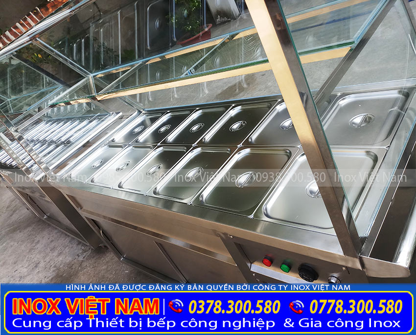 Tủ hâm nóng thức ăn 12 khay có mái kính TH-03 cao cấp của Inox Việt Nam (Ảnh thật tế).