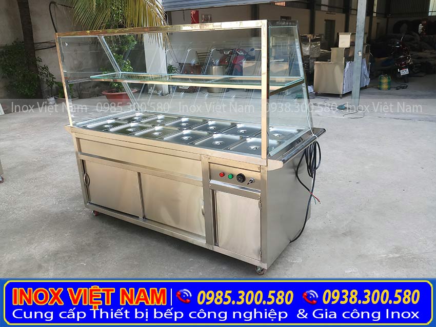 Báo giá tủ giữ nóng thức ăn 12 khay có mái kính TH-03 cao cấp của Inox Việt Nam (Ảnh thật tế).