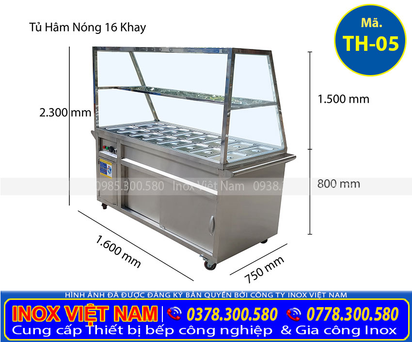 Kích thước tủ giữ nóng thức ăn 16 khay TH-05 (Ảnh thật tế).