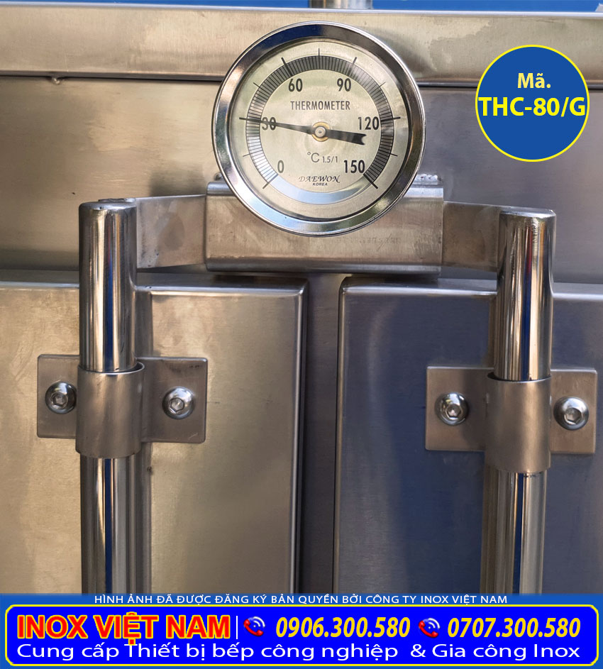 Đồng hồ đo nhiệt độ tích hợp tủ nấu cơm công nghiệp, tủ hấp cơm 16 khay, tủ cơm 80 kg bằng gas.