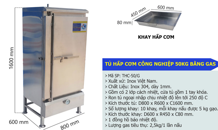 Thông số kỹ thuật Tủ nấu cơm bằng gas, Tủ hấp cơm công nghiệp, Tủ hấp cơm, Inox 304 Cao cấp.