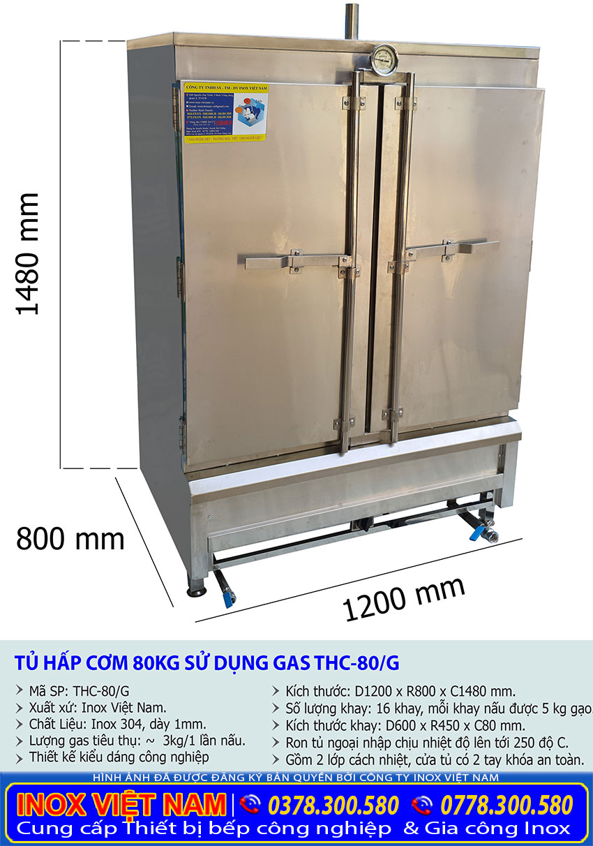 Kích thước tổng thể Tủ cơm công nghiệp, tủ nấu cơm, tủ hấp cơm công nghiệp 80 kg sử dụng ga THC-80/G