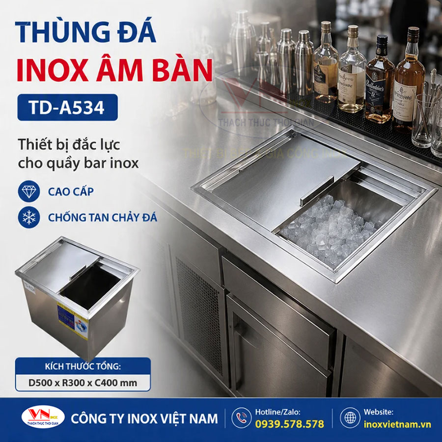 Thùng đá inox âm bàn TD-A534 giúp bảo quản đá lâu tan, nâng cao hiệu suất làm việc hằng ngày.