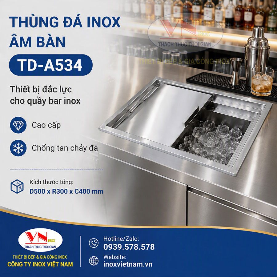 Thùng đá inox âm bàn TD-A534 thiết kế hiện đại, giữ lạnh hiệu quả cho quầy bar chuyên nghiệp.