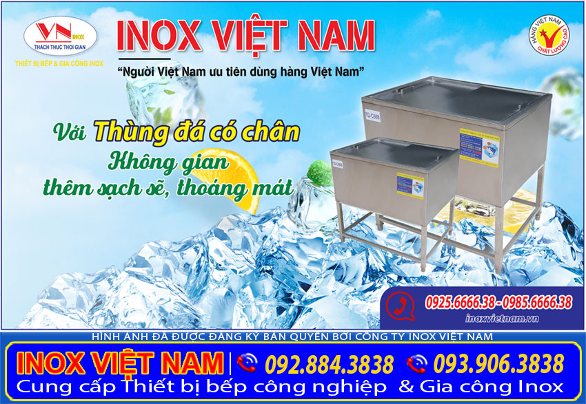 Thùng đá inox có khung chân, Thùng chứa đá inox, Thùng giữ lạnh sản xuất tại Inox Việt Nam.