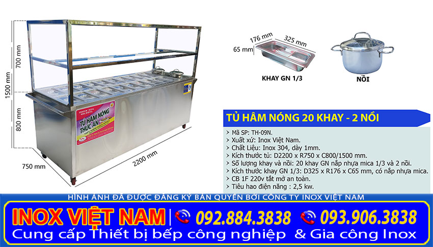 Kích thước tổng thể về tủ hâm nóng thức ăn 20 khay 2 nồi, quầy giữ nóng thức inox cao cấp sản xuất Bếp Inox Việt Nam.