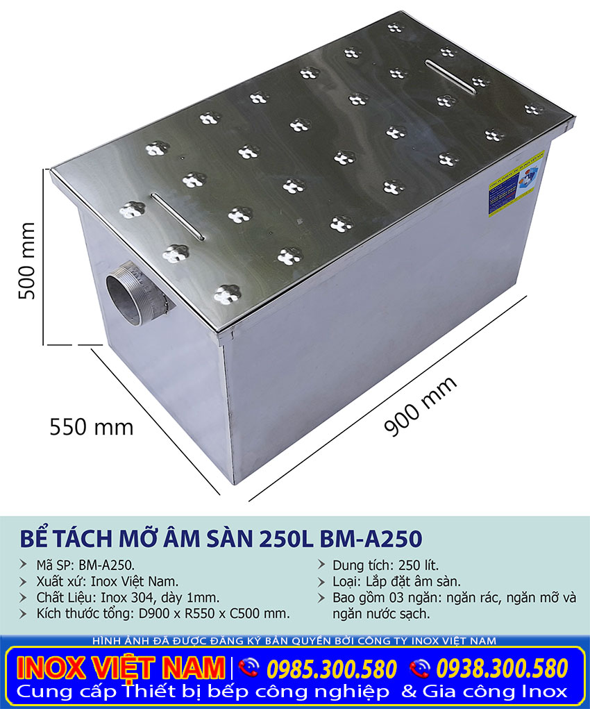 Kích thước hộp lọc mỡ inox, bể tách mỡ inox công nghiệp âm sàn 300 lít BM-A300