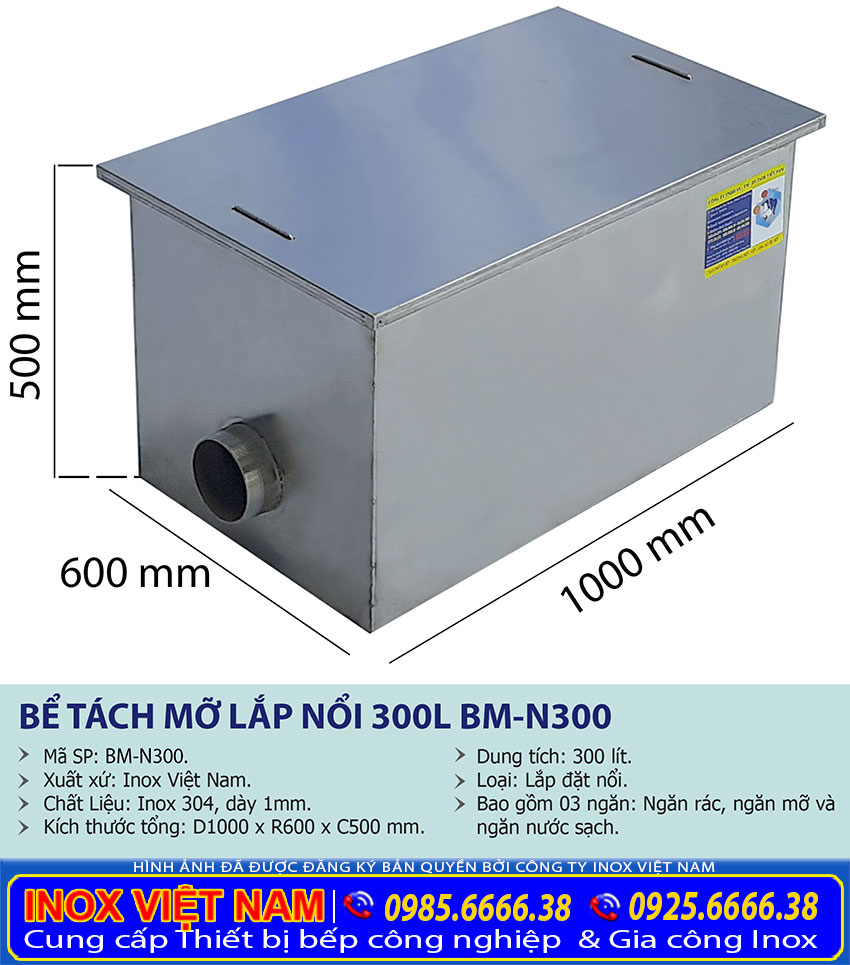 Kích thước hộp lọc mỡ inox, bể tách mỡ inox công nghiệp âm sàn 300 lít BM-A300