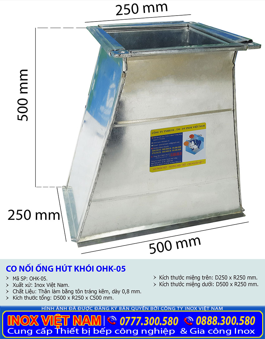 Kích thước tổng thể về co nối ống dẫn khói OHK-05 được sản xuất Bếp Inox Việt Nam.