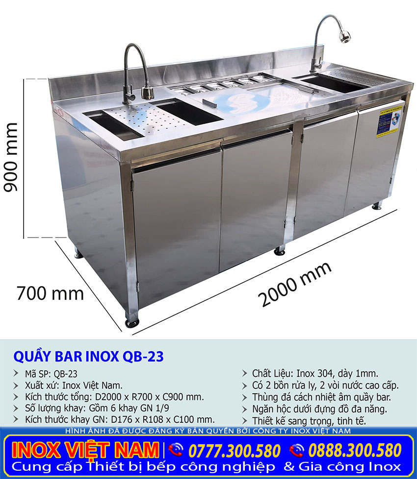 Kích thước của quầy bar pha chế inox cao cấp QB-23 sản xuất Bếp Inox Việt Nam.