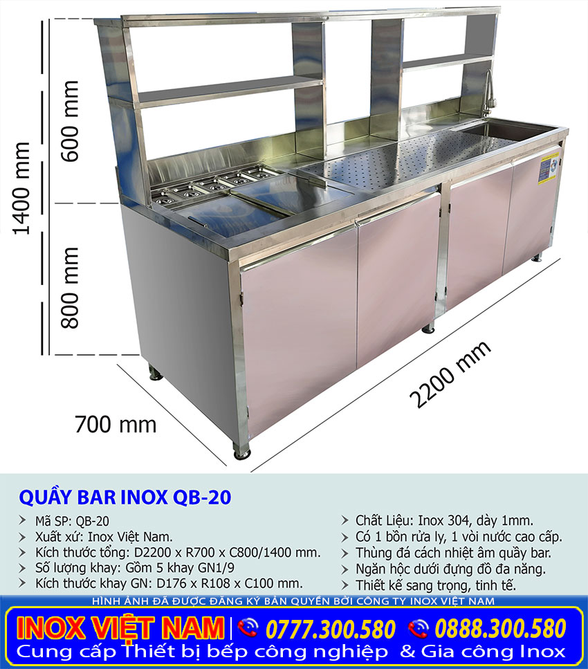 Kích thước tổng thể của quầy bar pha chế trà sữa inox QB-20 sản xuất tại Bếp Inox Việt Nam.