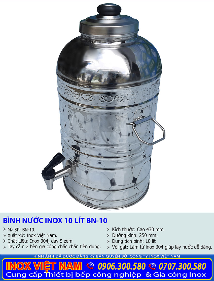 Kích thước bình đựng nước inox, bình chứa nước inox có vòi gạt 10 lít BN-10.