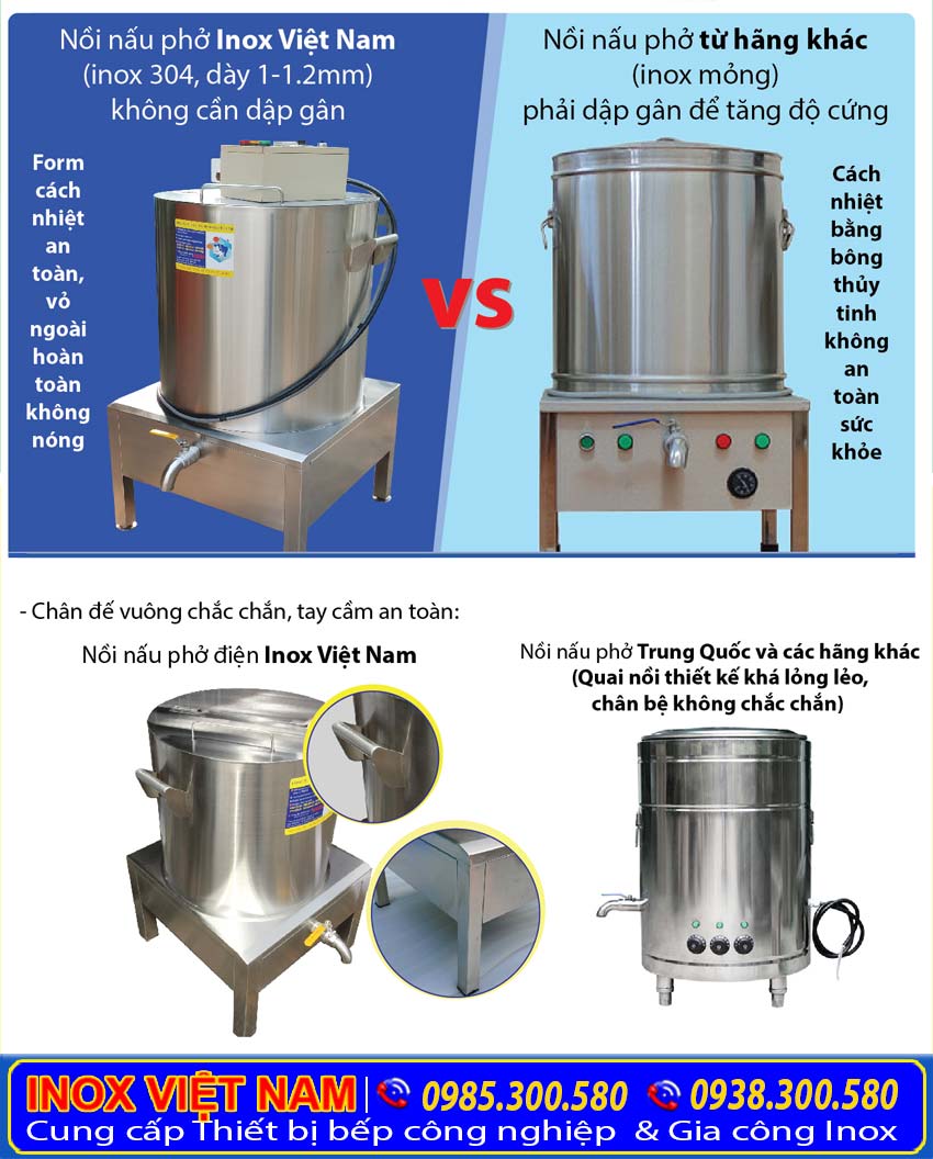 So sánh nồi nấu hủ tiếu bằng điện sản xuất Bếp Inox Việt Nam so với các sản phẩm sản xuất đơn vị khác.