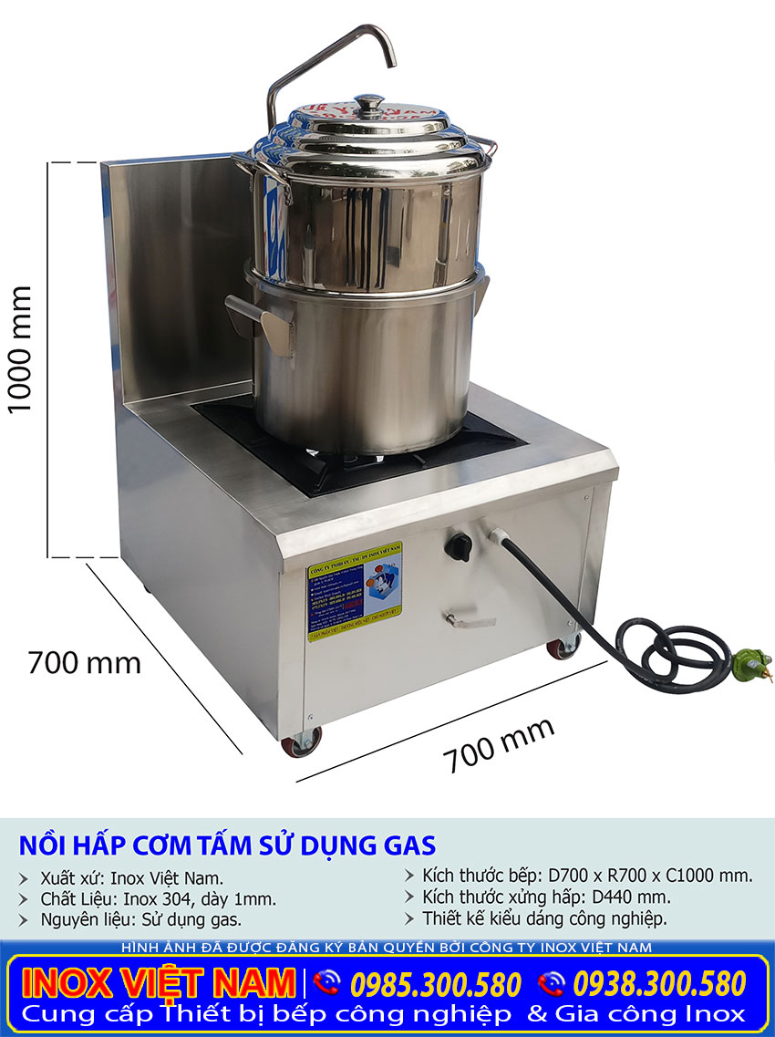 Kích thước tổng thể của bộ bếp gas và nồi hấp inox công nghiệp sản xuất Bếp Inox Việt Cường Thịnh.