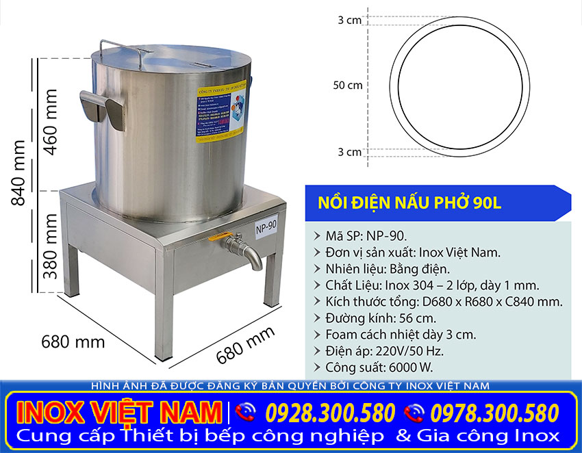 Nồi nấu nước lèo hủ tiếu, phở bằng điện 90 lít.