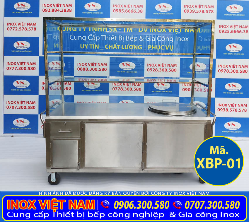 Tủ bán phở inox, xe bán phở inox tích hợp nồi nấu nước lèo bằng điện 60 lít sản xuất Bếp Inox Việt Nam.