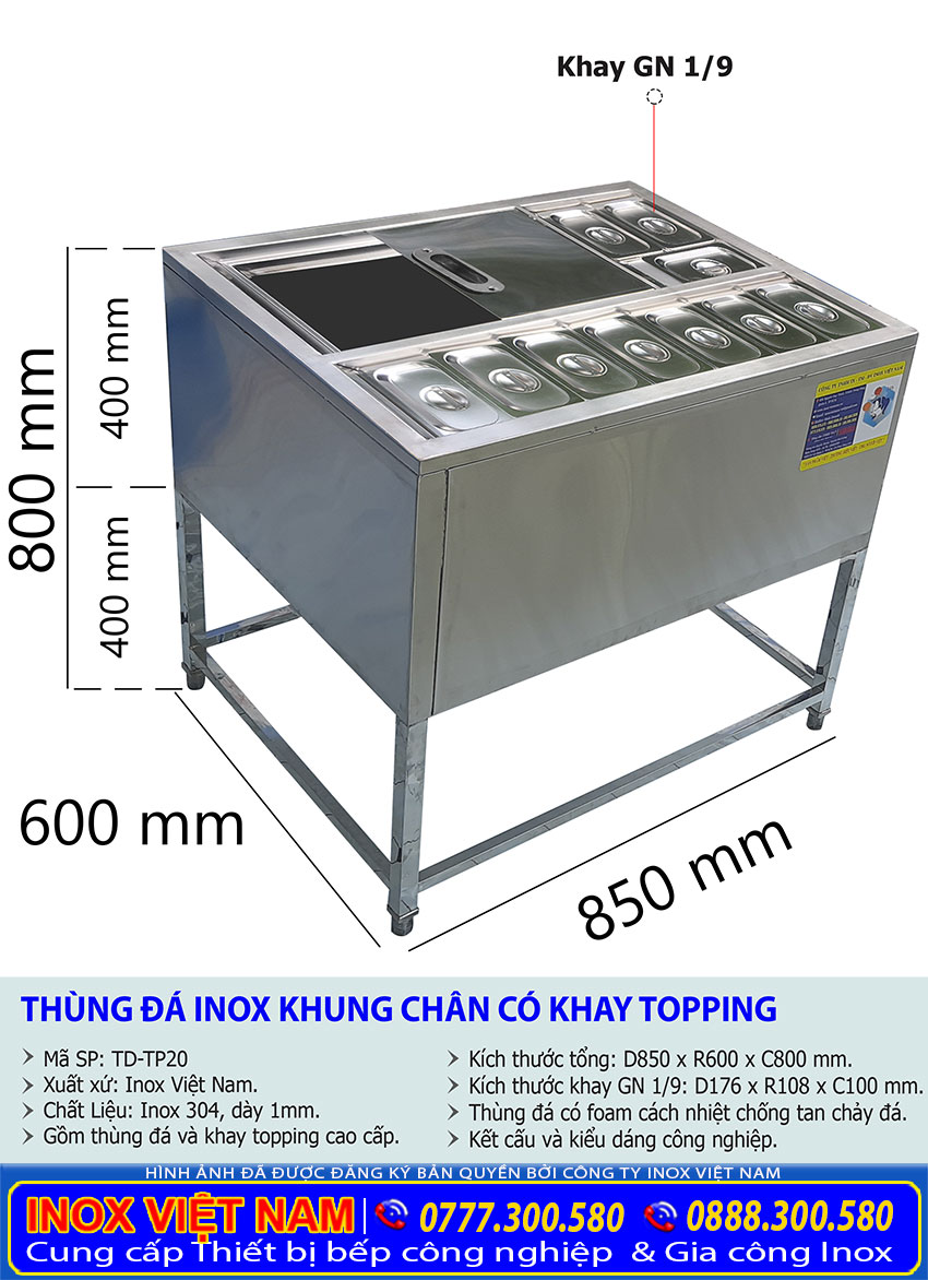 Kích thước tổng thể của thùng đá inox có chân kèm khay topping TD-TP20.