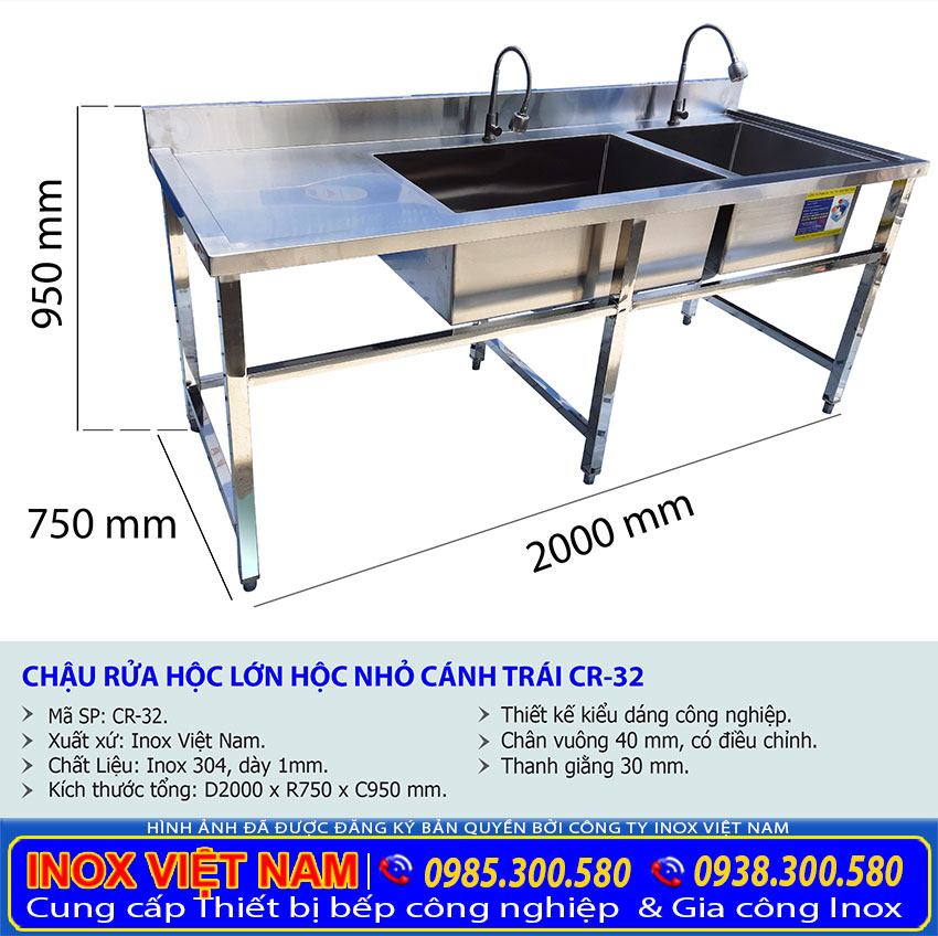 Kích thước tổng thể về chậu rửa 2 ngăn có bàn rửa CR-32