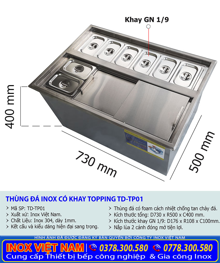 Kích thước tổng thể của thùng đá inox âm bàn có khay topping TD-TP01.