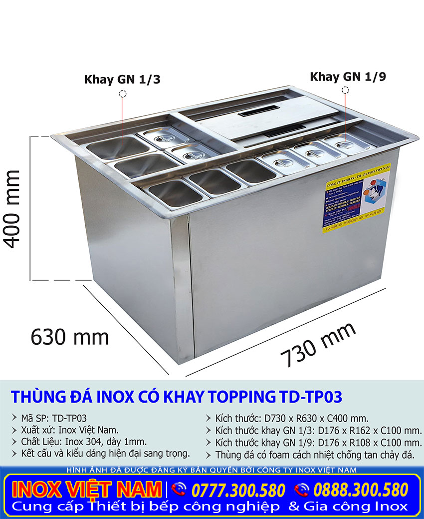 Kích thước tổng thể của thùng đá inox kèm khay topping âm bàn TD-TP03.