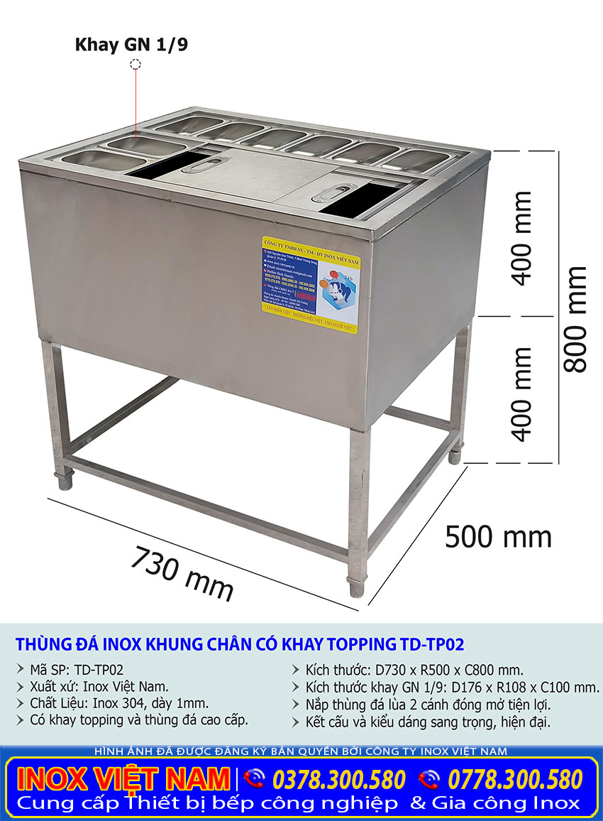 Kích thước tổng thể của thùng đá có khay topping, khay giữ nhiệt giữ lạnh có chân.
