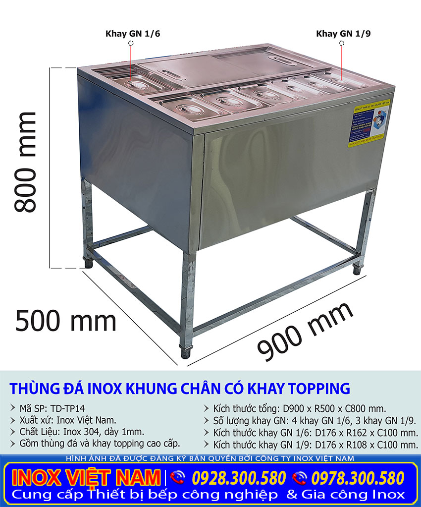 Kích thước tổng thể của thùng đá inox có chân kèm khay topping TD-TP01.