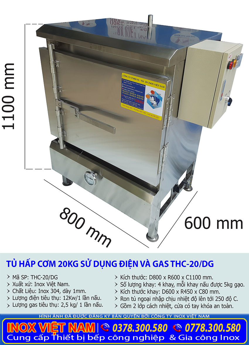 Kich thước tổng thể của tủ nấu cơm, tủ hấp cơm 20 kg điện và gas THC-20/GD