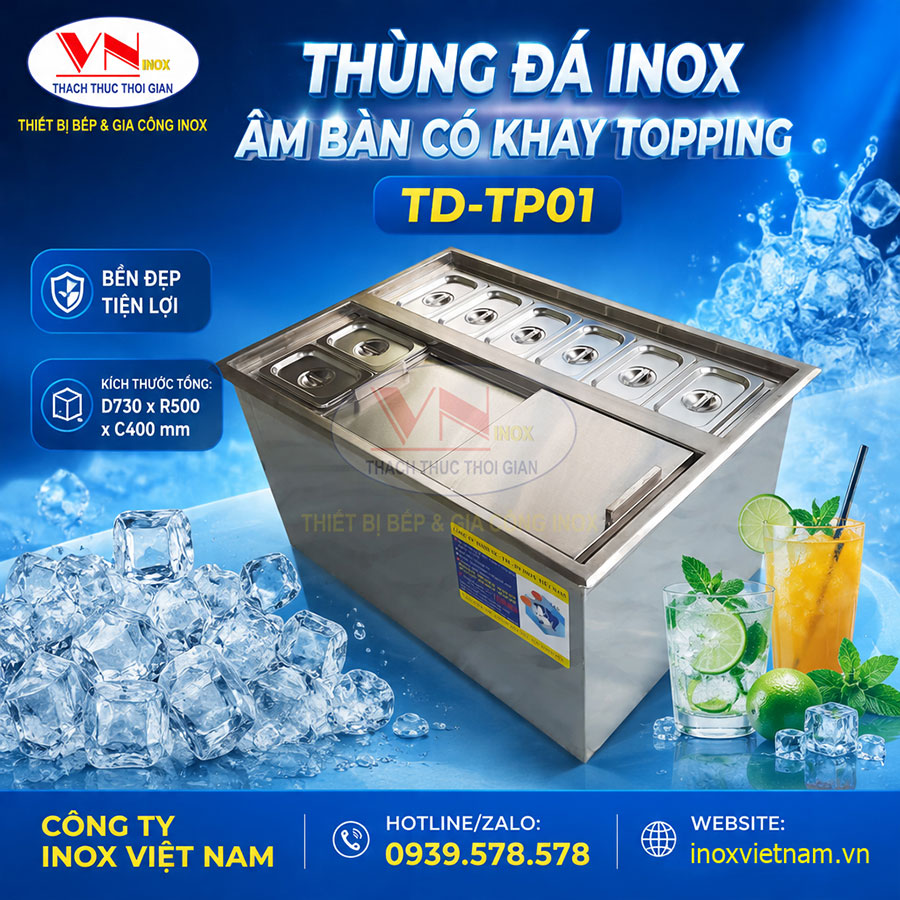 Thùng đá inox âm bàn TD-TP01 giữ nhiệt hiệu quả, giúp bảo quản đá và topping luôn tươi mát.