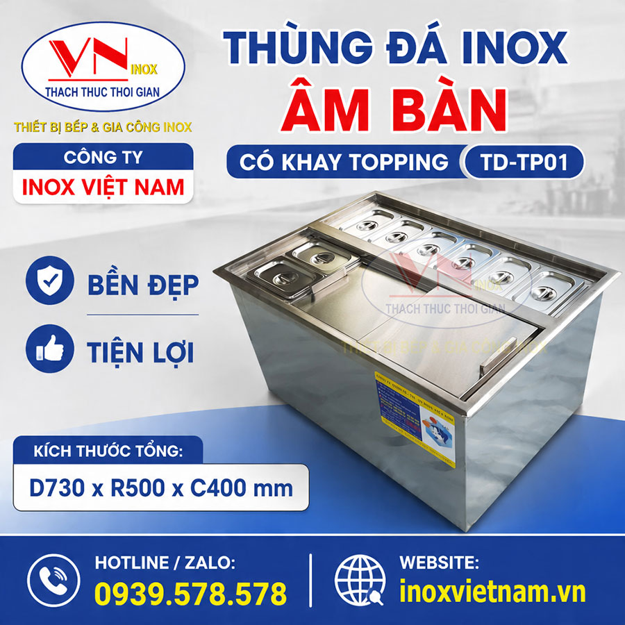 Thùng đá inox âm bàn TD-TP01 thiết kế hiện đại, giữ lạnh lâu, tối ưu không gian quầy pha chế.