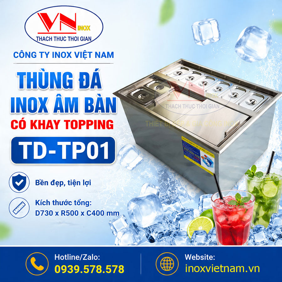 Thùng đá inox âm bàn TD-TP01 giải pháp hoàn hảo cho quầy bar, cafe và trà sữa hiện đại.