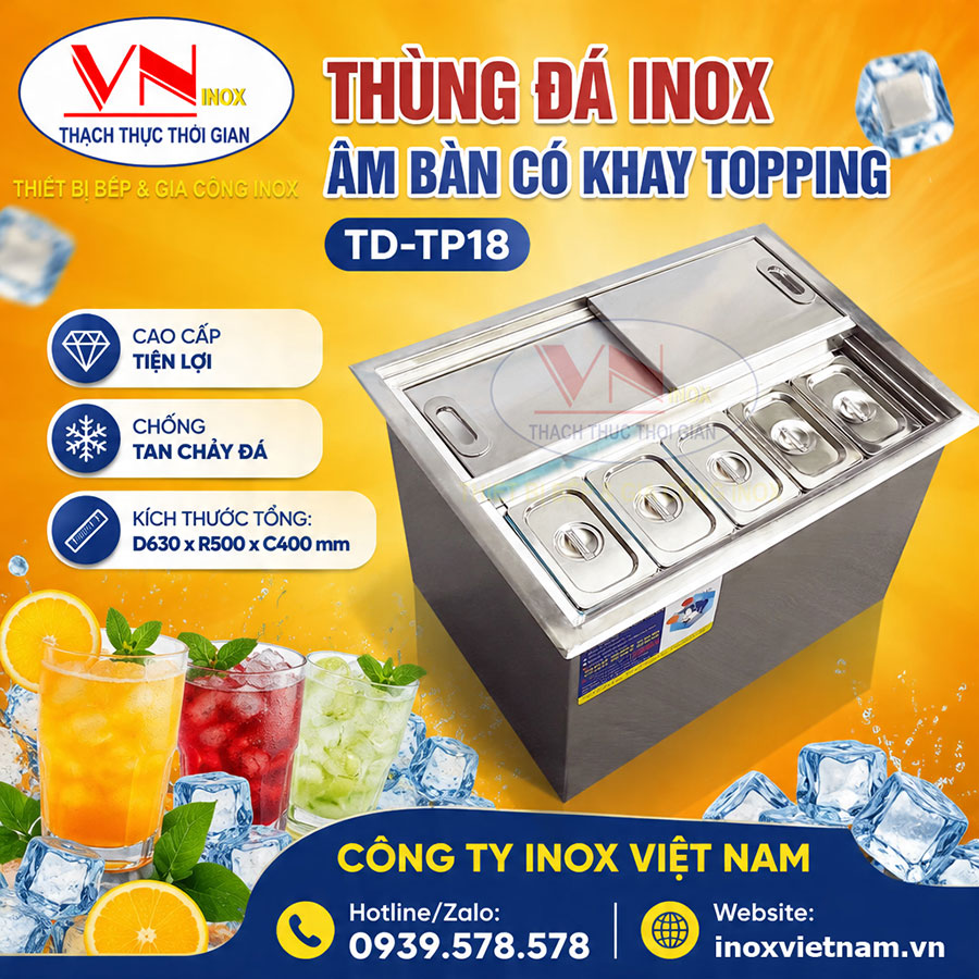Thùng đá inox âm bàn TD-TP18 tối ưu thao tác pha chế, tiết kiệm diện tích và nâng cao hiệu suất.