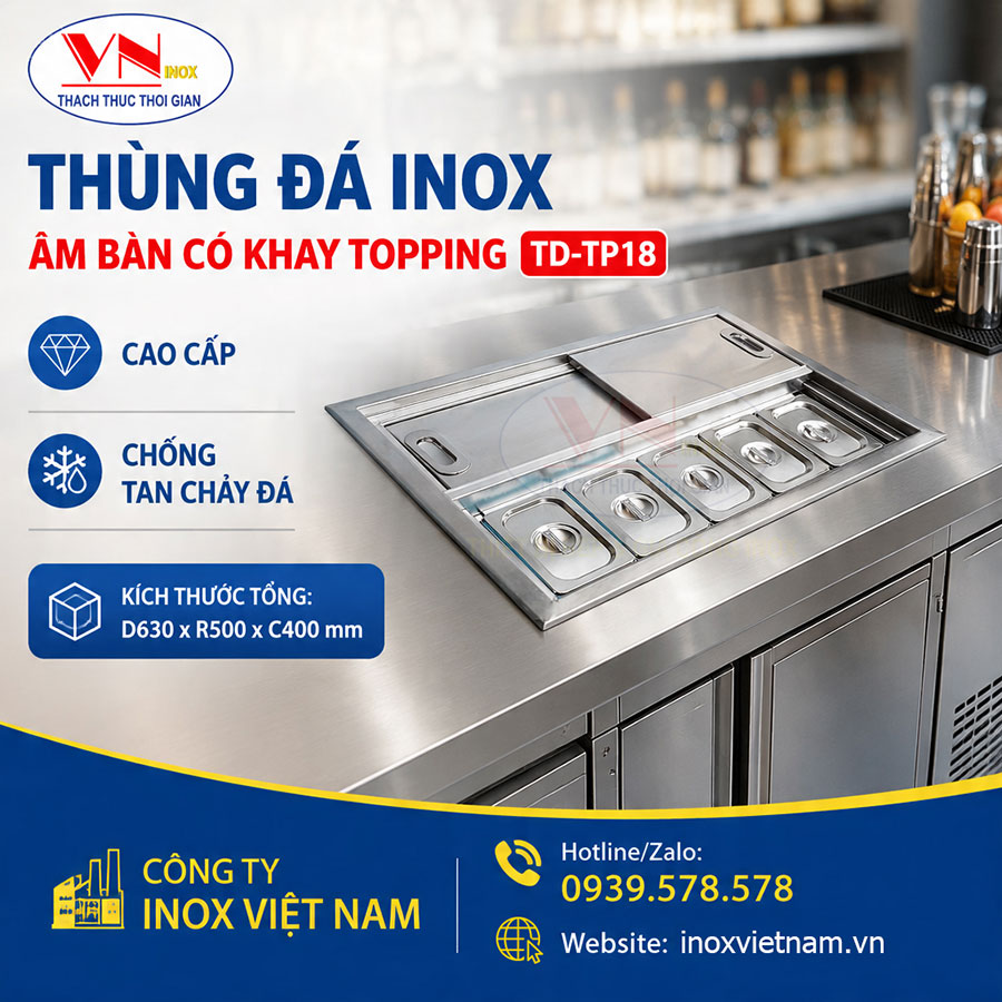 Thùng đá inox âm bàn TD-TP18 tích hợp khay topping tiện lợi, tối ưu không gian làm việc chuyên nghiệp.