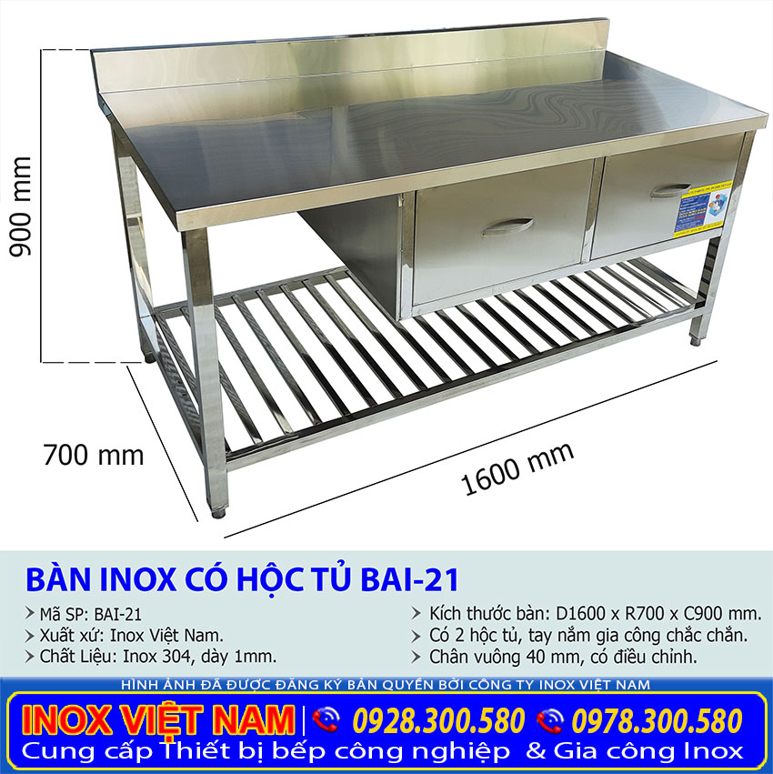 Kích thước của bàn bếp inox có hộc tủ và gáy BA-21